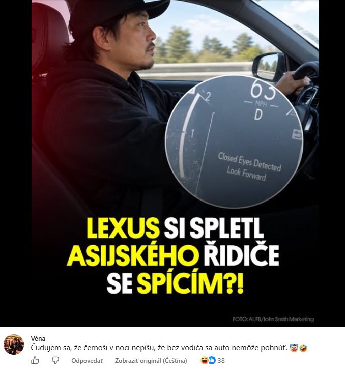 Vodič auta so systémom detekcie zavretých očí a upozornením „pozrite pred seba“. Text hovorí o chybe systému.