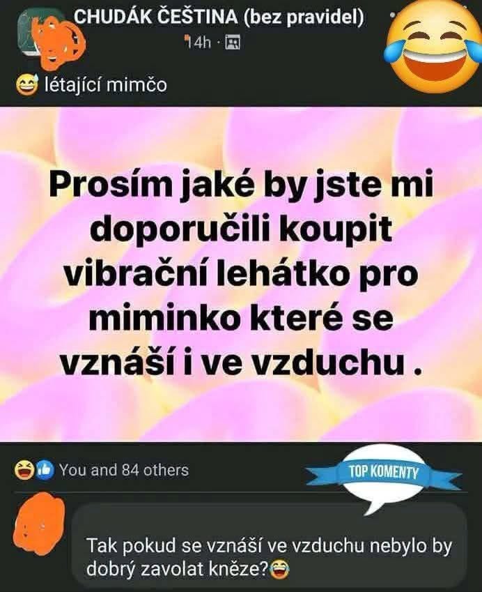 Zábavný príspevok o hľadaní vibračného lehátka pre „levitujúce“ dieťa s vtipnou reakciou na zavolanie kňaza.
