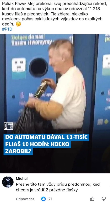Muž vracia veľké množstvo plechoviek do automatu. Výzva o jeho zárobku je zvýraznená textom na obrázku.