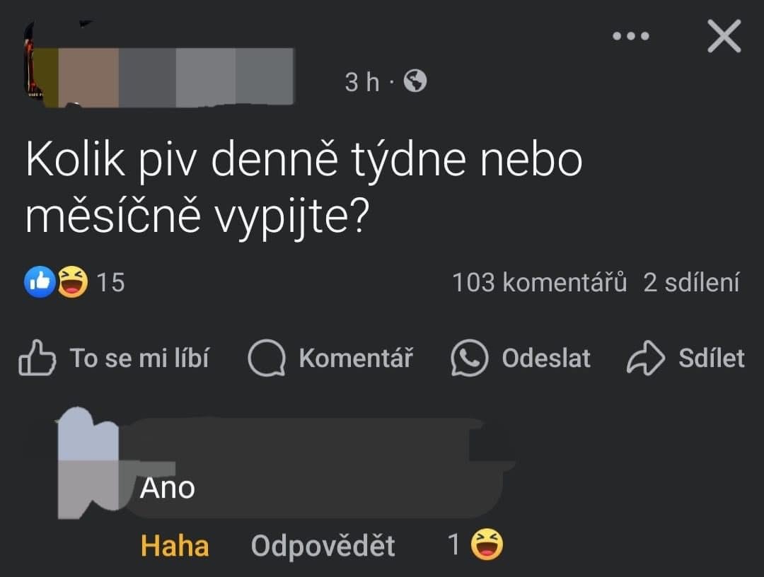 Otázka na Facebooku: Koľko pív vypijete denne, týždenne alebo mesačne? Odpoveď: Áno. Vyvoláva smiech.