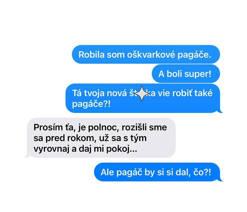 Vtipná textová konverzácia o oskarkových pagáčoch v noci. Odhalenie napätých vzťahov.
