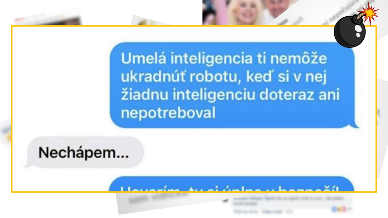 Textová konverzácia o umelej inteligencii a práci s ironickým komentárom.