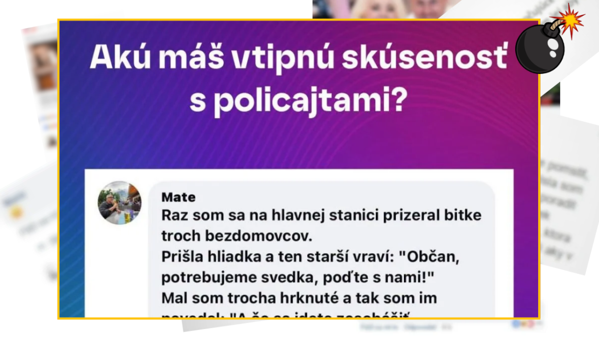 Diskusia o vtipnej skúsenosti s políciou; Mate opisuje situáciu z hlavnej stanice s bezdomovcami a policajnou hliadkou.