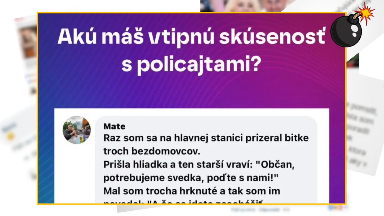 Diskusia o vtipnej skúsenosti s políciou; Mate opisuje situáciu z hlavnej stanice s bezdomovcami a policajnou hliadkou.