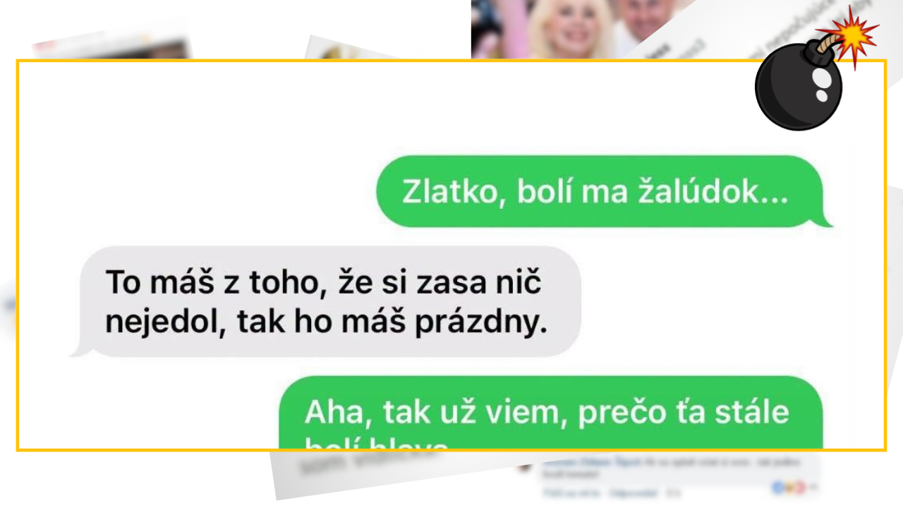 Vtipná textová konverzácia o bolesti žalúdka a prázdnom žalúdku.