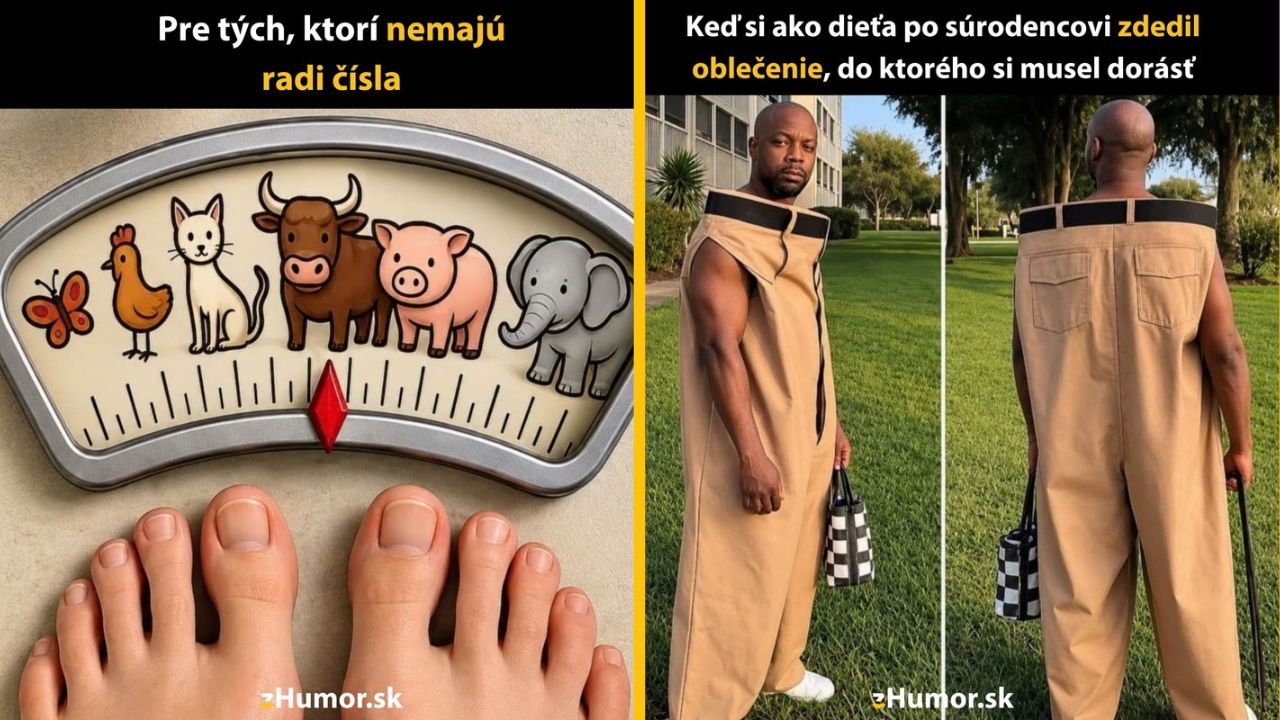Vtipný obrázok: váha s obrázkami zvierat a muž v nadmerne veľkom oblečení na tráve.