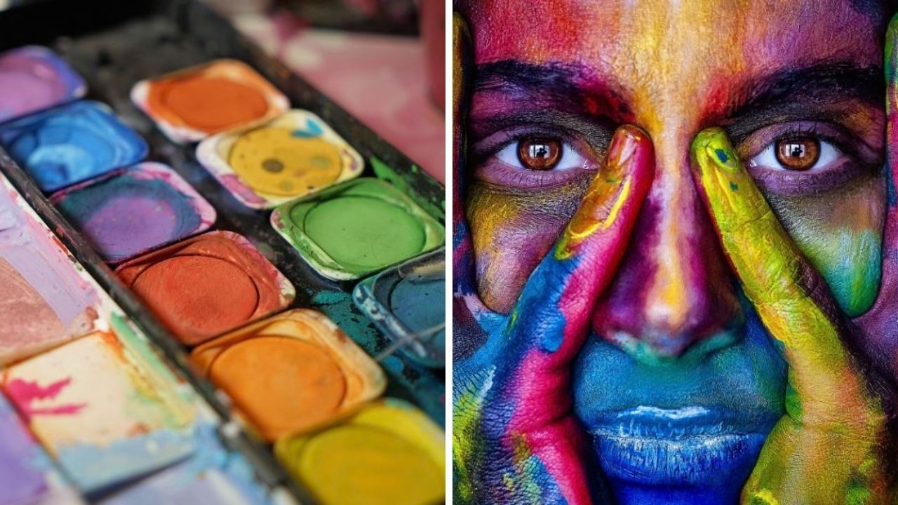Paleta akvarelov a tvár pokrytá farebnými vzormi znázorňujúce kreativitu a umenie.