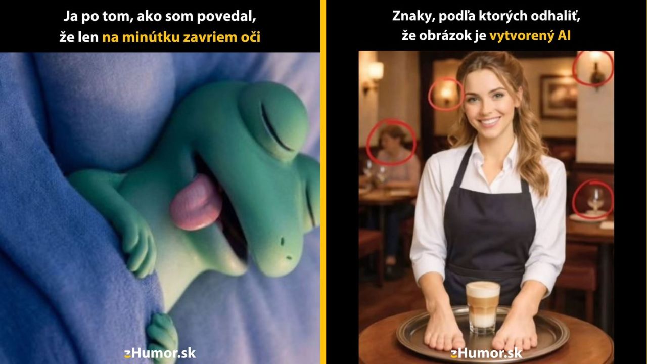 Žaba zatvára oči na modrom pozadí; servírka s neobvyklými prvkami na obrázku vytvorená AI.