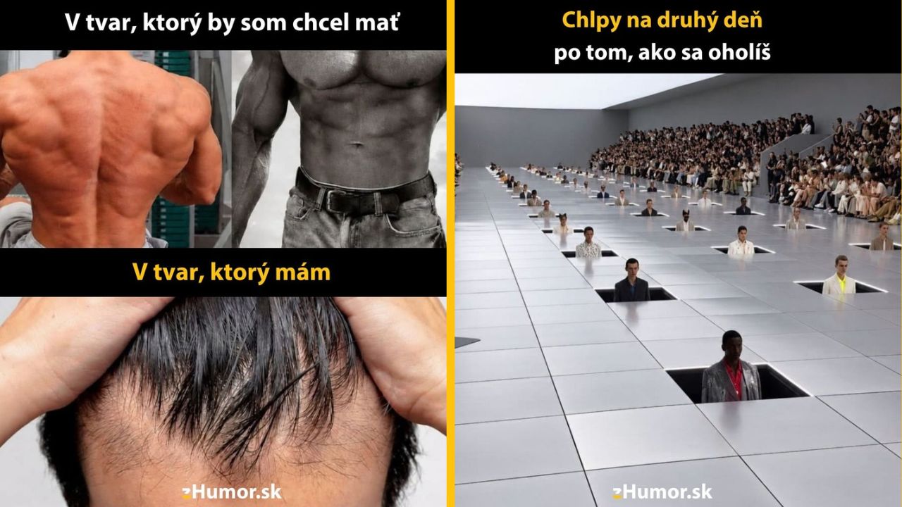 Mužov tréningový cieľ vs realita, nasledujúci deň po holení; humoristické zobrazenia na Humor.sk.