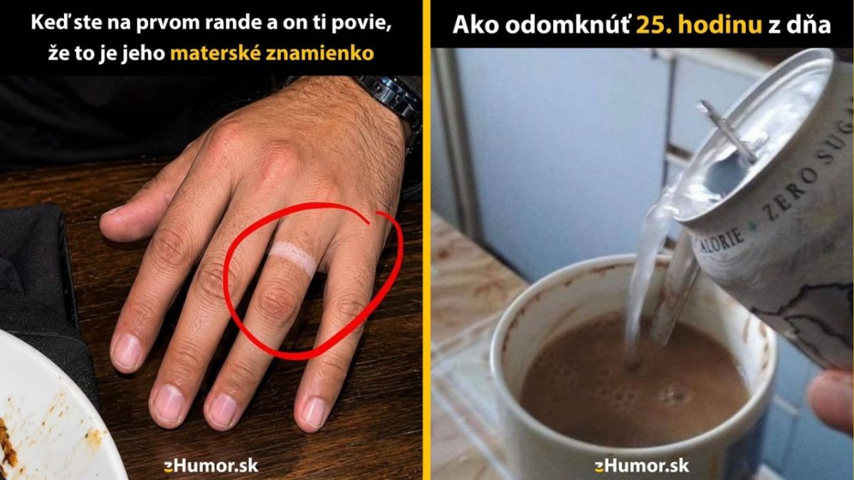 Zábavný obrázok: Prst s obrúčkou na prvom rande a energetický nápoj do kávy na prežitie dňa.