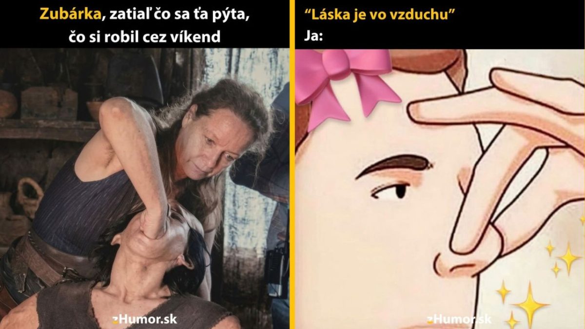 Koláž: Zubárka kontroluje pacienta, vtip s textom „Láska je vo vzduchu“, muž si drží nos.
