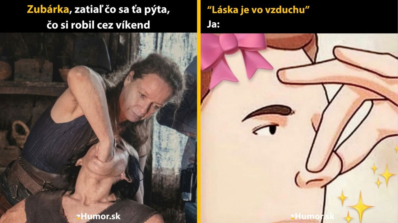 Koláž: Zubárka kontroluje pacienta, vtip s textom „Láska je vo vzduchu“, muž si drží nos.